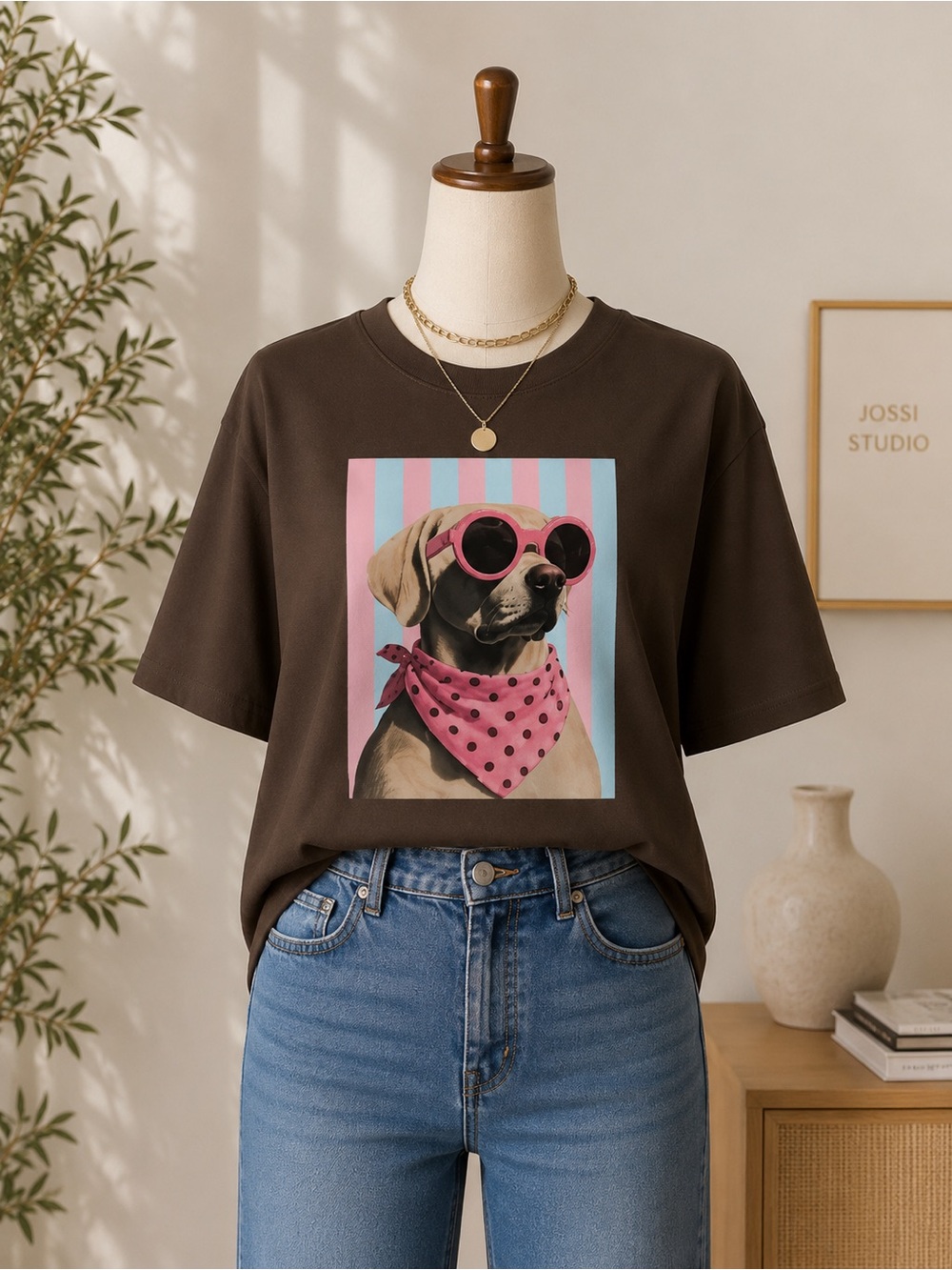 Brown Dog Graphic Tee with Pink Accents - Women’s Casual Top